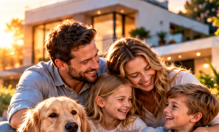 Familie mit Hund vor ihrem Haus