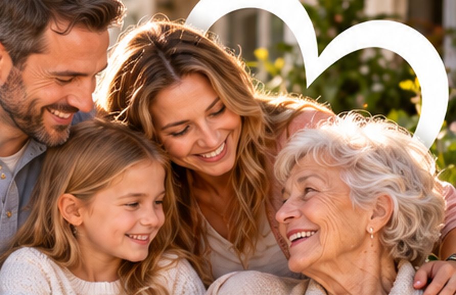 Eine Familie mit Kind und Großmutter lacht gemeinsam