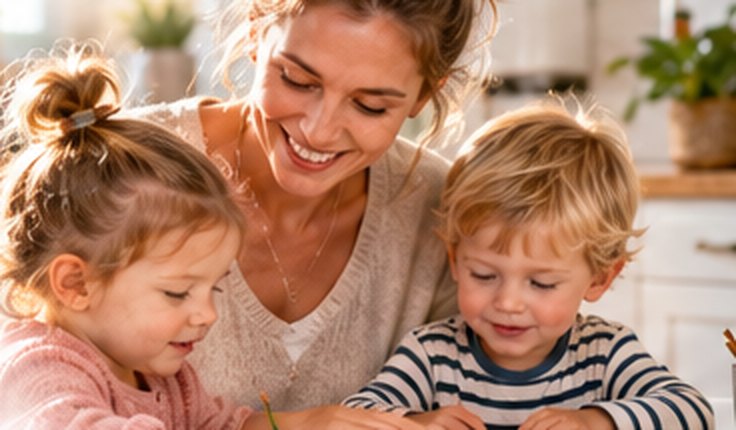 Tagesmutter malt mit zwei Kleinkindern am Tisch